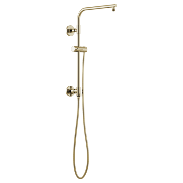 Brushed gold shower column with curved overhead arm, handheld shower head, and wall-mounted controls.