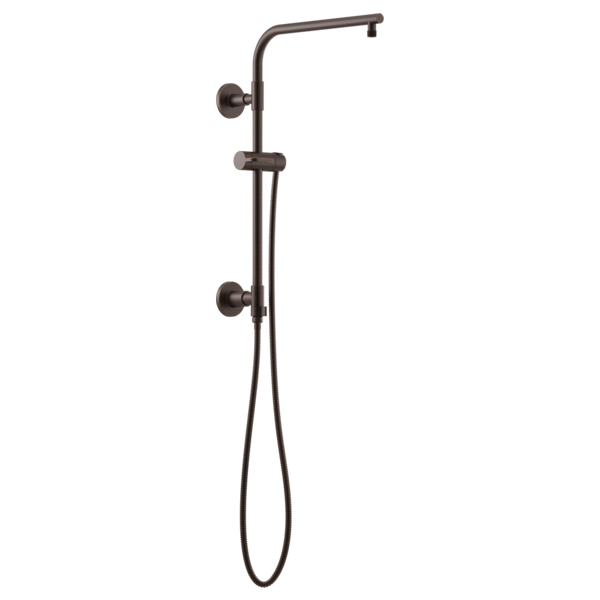 Bronze shower column with curved overhead arm, handheld shower wand, and wall-mounted controls.
