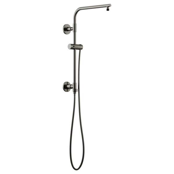Chrome shower column with curved overhead arm, wall-mounted hand shower holder, and black flex hose.