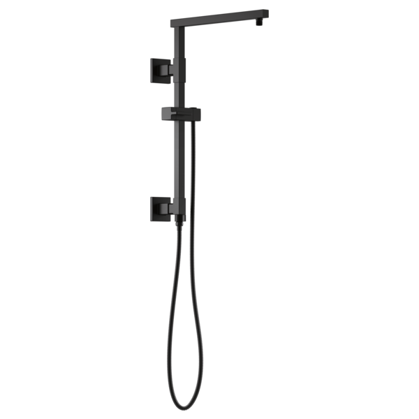 Black matte shower column with square design, overhead linear showerhead, handheld spray, and mounted controls.