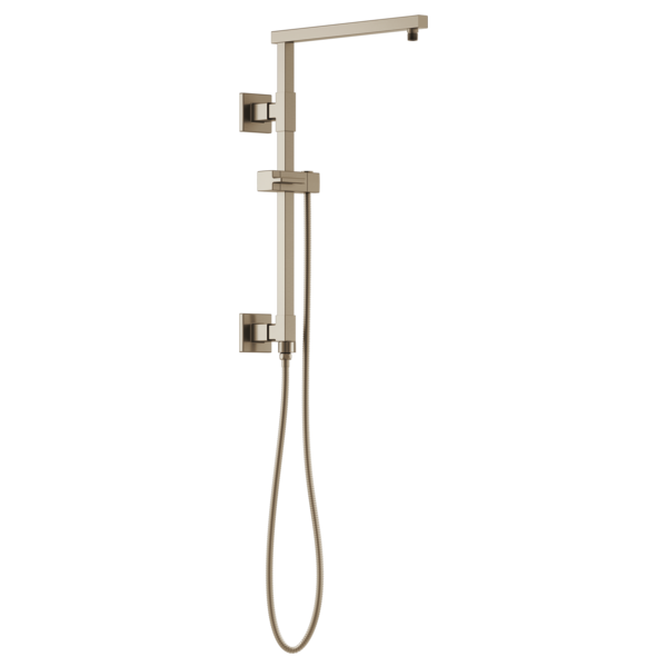 Brushed nickel shower column with square overhead arm, handheld showerhead on hose, and wall-mounted controls.