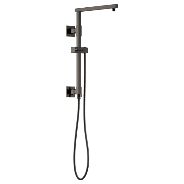 Black square shower column with overhead rainfall head, handheld sprayer, and adjustable slide bar.