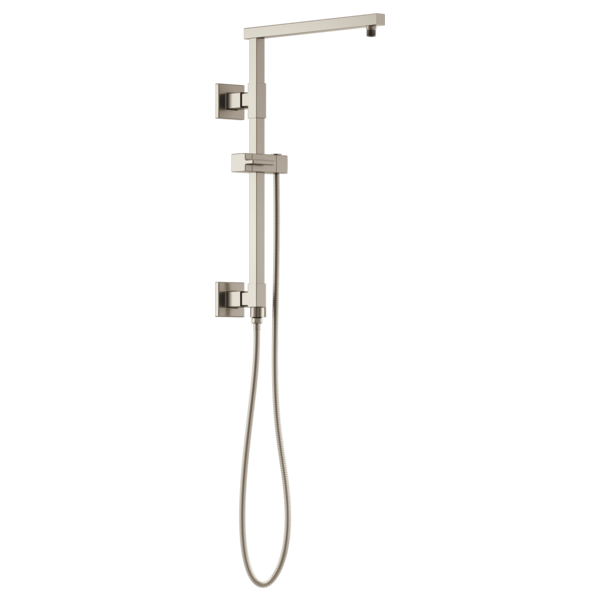 Brushed nickel shower column with square overhead rainfall head, handheld spray, and adjustable slide bar.