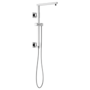 Chrome square shower column with 18" rainfall showerhead, adjustable handheld spray, and sliding rail mount.