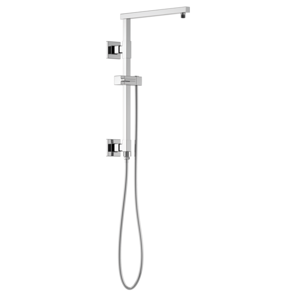 Chrome square shower column with 18" rainfall showerhead, adjustable handheld spray, and sliding rail mount.