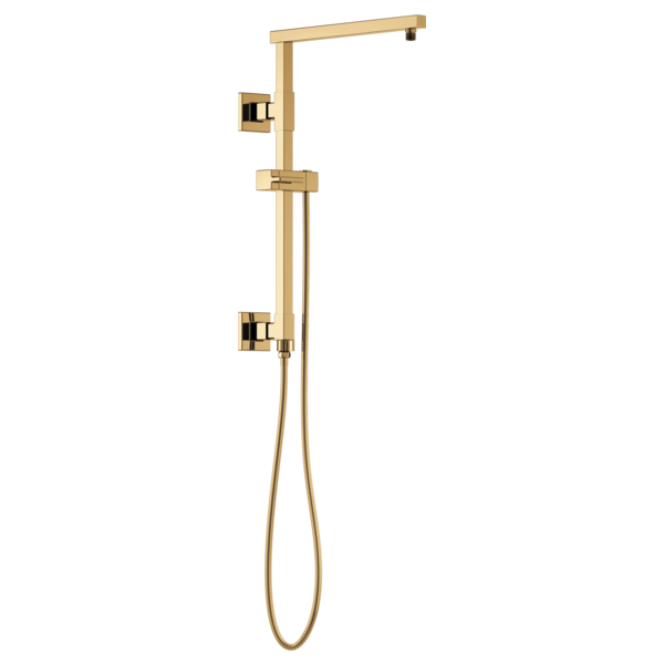 Square brass shower column with overhead rainfall showerhead, handheld wand, and adjustable slider bar.
