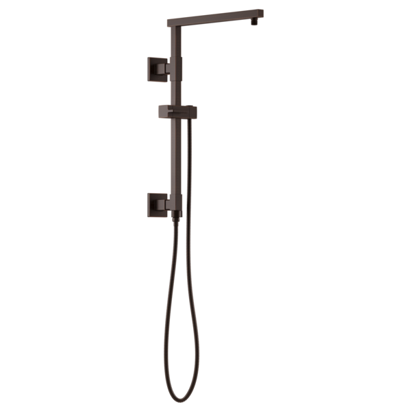 Square matte black shower column with overhead and handheld showerheads and wall-mounted controls.