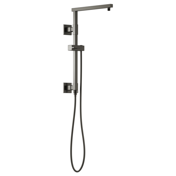 Matte black shower column with square linear design, overhead arm, handheld sprayer, and wall-mounted controls.