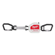 Milwaukee retractable tool lanyard with white reel, gray mesh cable, and black carabiners on each end.