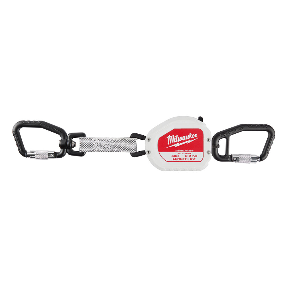 Milwaukee retractable tool lanyard with white reel, gray mesh cable, and black carabiners on each end.