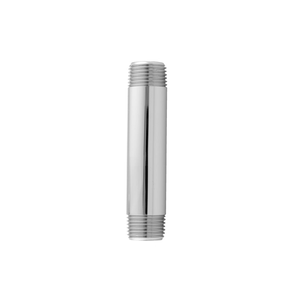 Satin nickel vertical drop ceiling nipple with threaded ends and polished chrome finish.