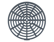 Gray plastic circular strainer with concentric grid pattern and center opening.