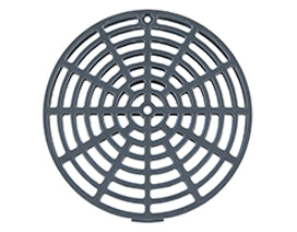 Gray plastic circular strainer with concentric grid pattern and center opening.