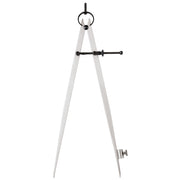 Metal compass with gray legs, black adjustment bar, and pointed feet for drawing circles.