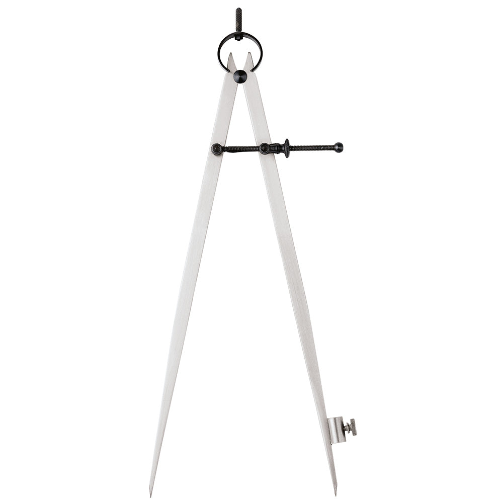 Metal compass with gray legs, black adjustment bar, and pointed feet for drawing circles.