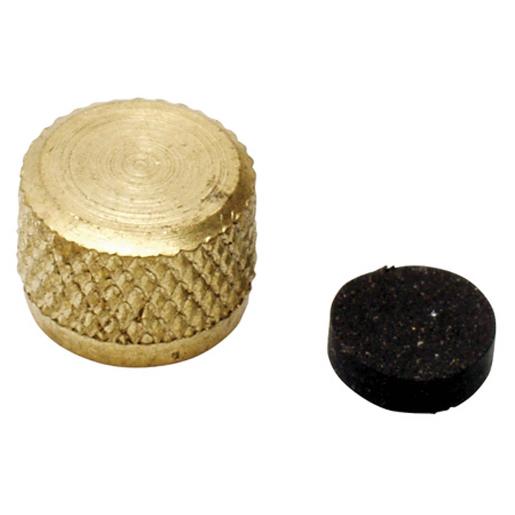 Brass knurled cap and black rubber seal for stop and waste valve replacement kit.