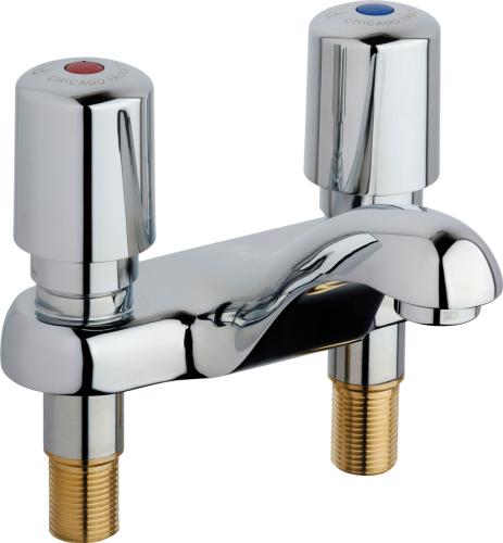 Chrome deck-mounted faucet with two metering handles, curved spout, and brass inlet connectors.