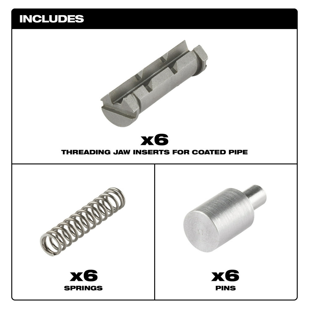 Six metal threading jaw inserts with six springs and six pins for coated pipe applications.