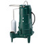 Green cast iron residential grinder pump with discharge hose and 35-foot electrical cord attached.