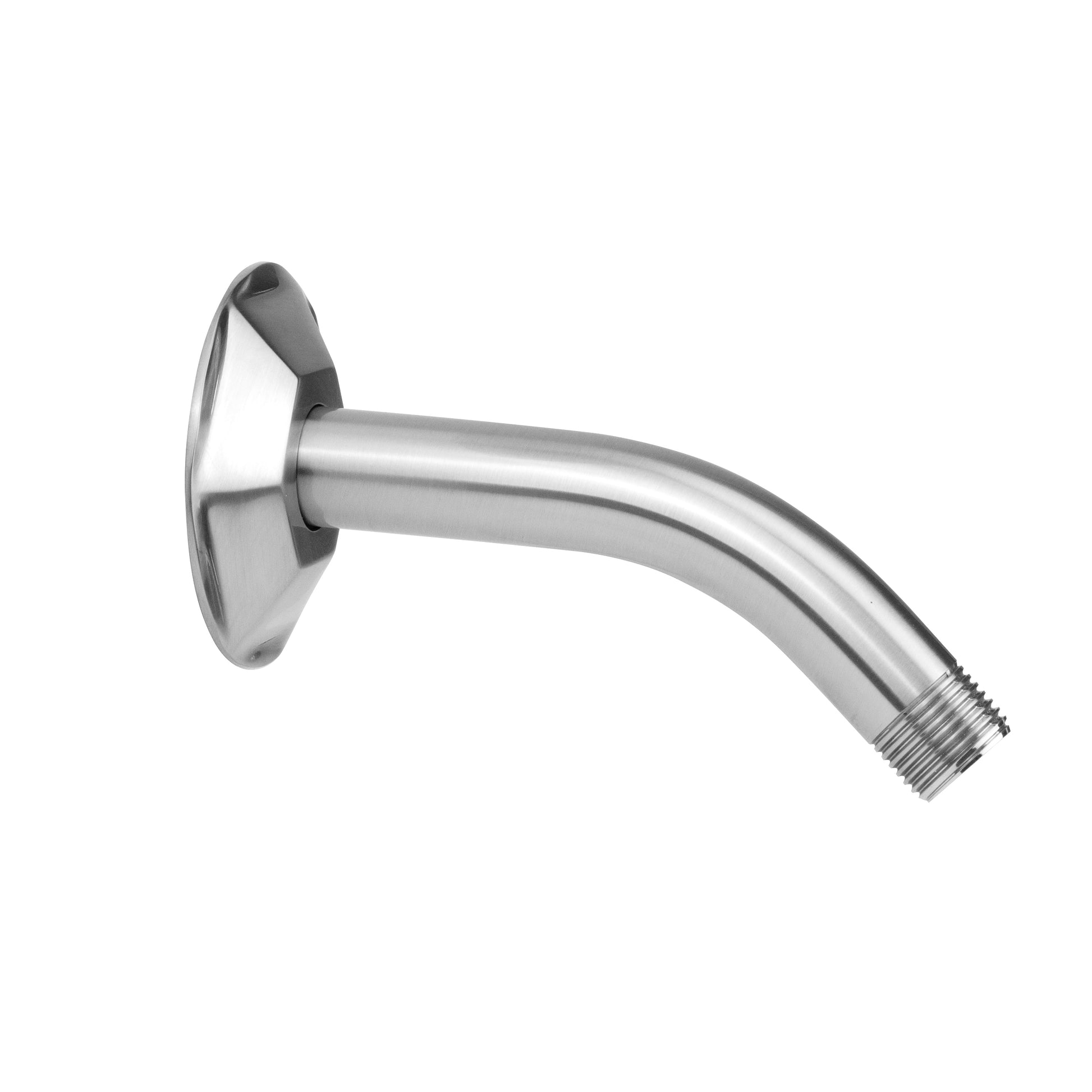 Polished chrome 45-degree shower arm with hexagonal escutcheon flange and threaded connection.