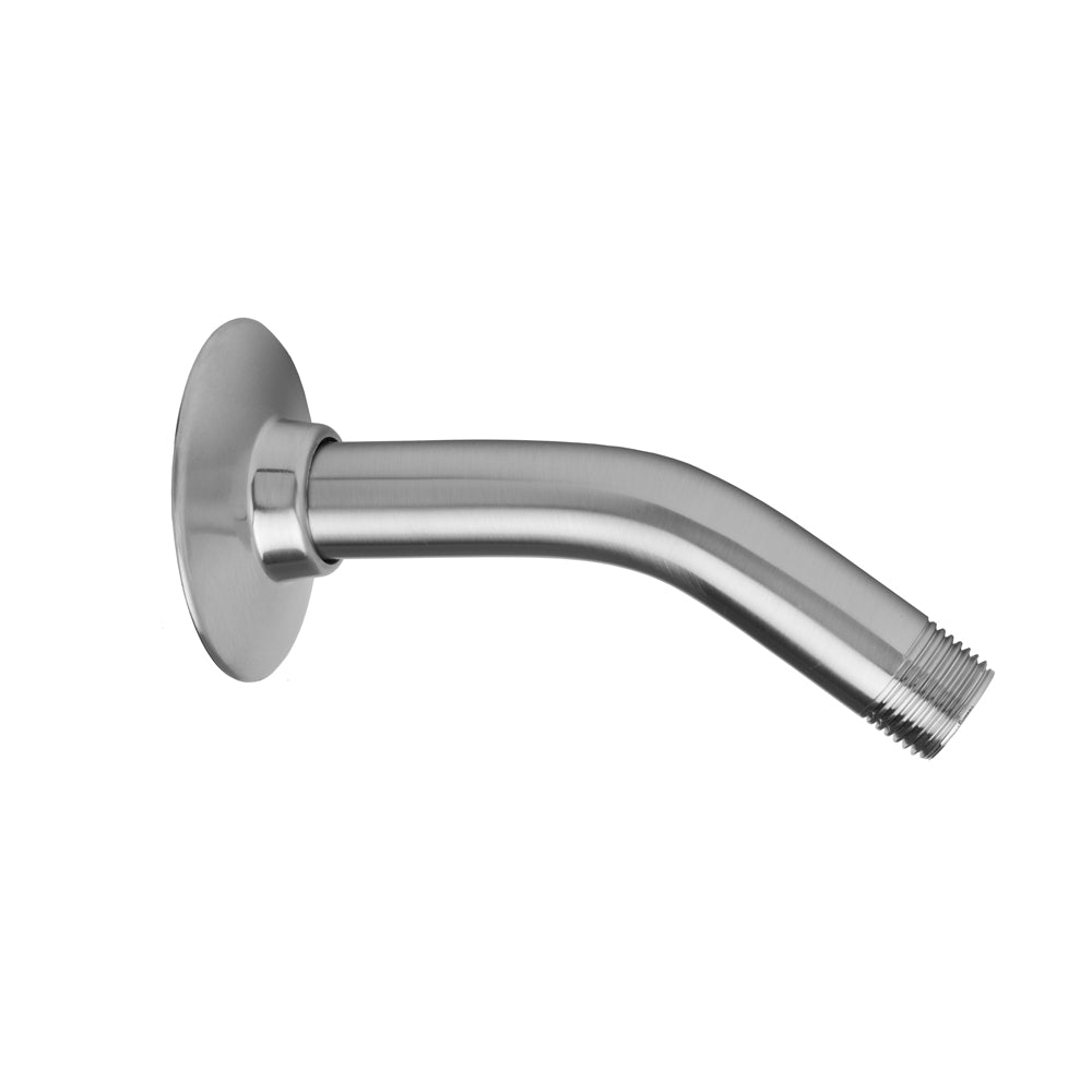 Polished chrome 45-degree shower arm with circular wall escutcheon and threaded outlet.