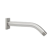 Satin nickel 8-inch shower arm with 45-degree angle bend, square wall escutcheon, and threaded outlet.