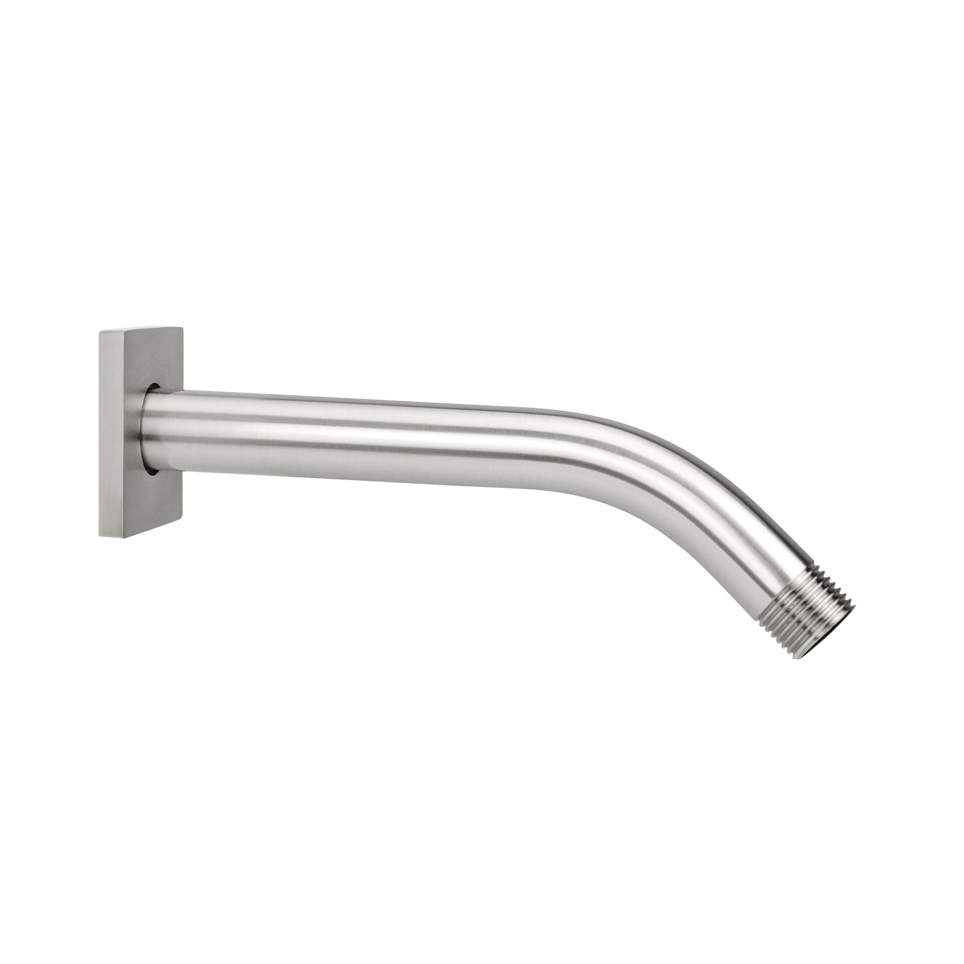 Satin nickel 8-inch shower arm with 45-degree angle bend, square wall escutcheon, and threaded outlet.