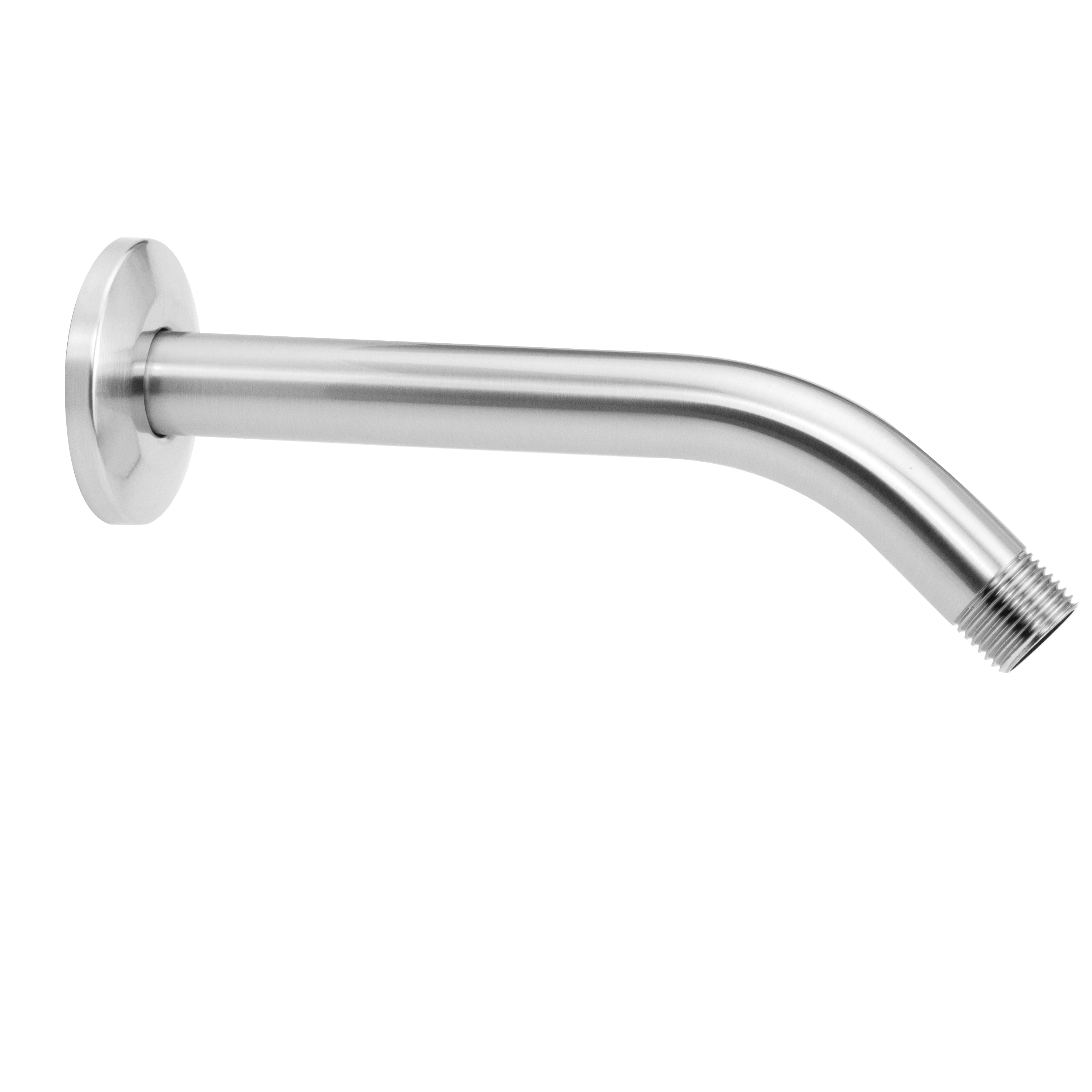 Brass showerarm with 45-degree angle, circular escutcheon flange, and threaded outlet in brushed nickel finish.