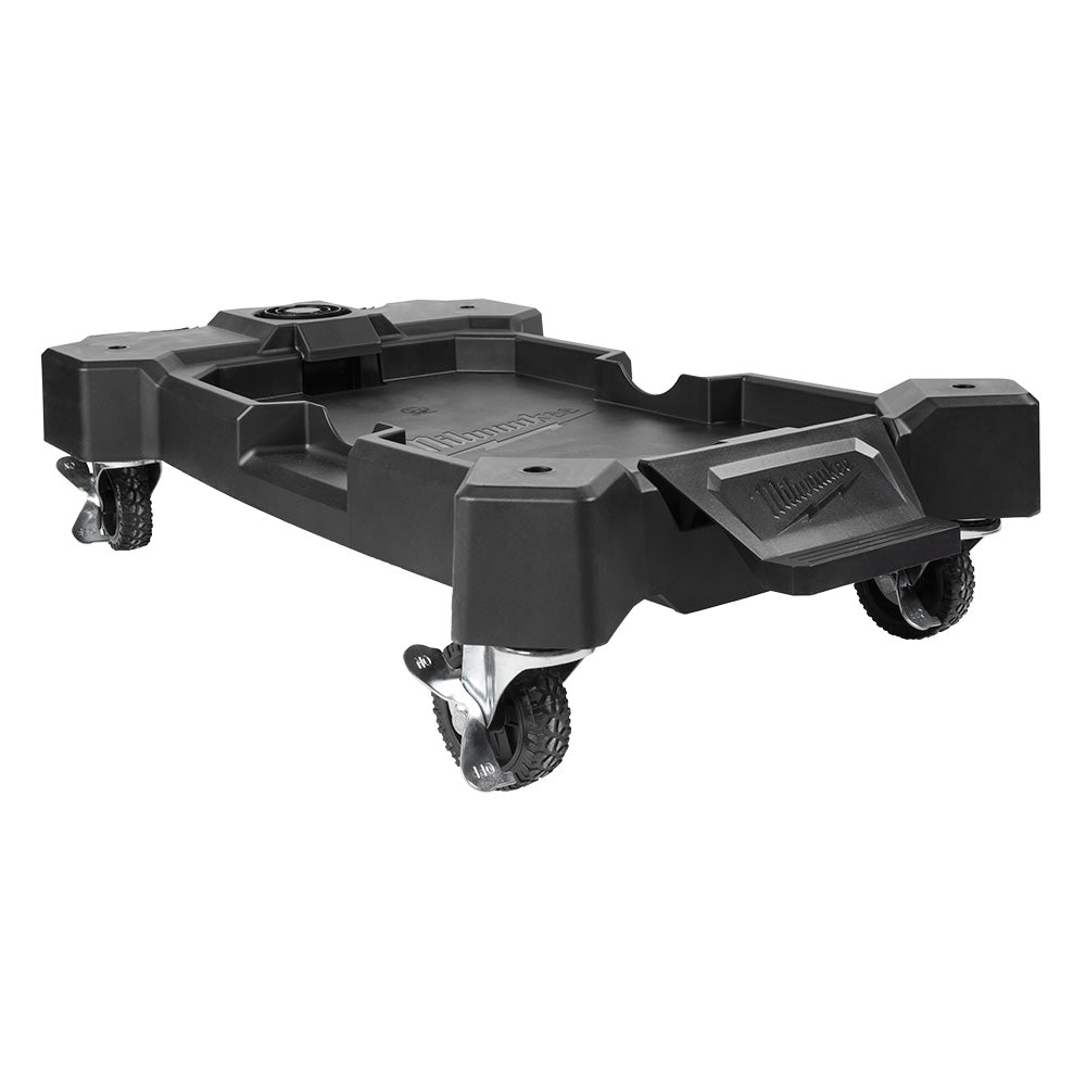 Black plastic vacuum cart with wheeled base, wide shallow basin, and angled accessory tray on right side.