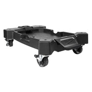 Black plastic vacuum cart with wheeled base, wide shallow basin, and angled accessory tray on right side.