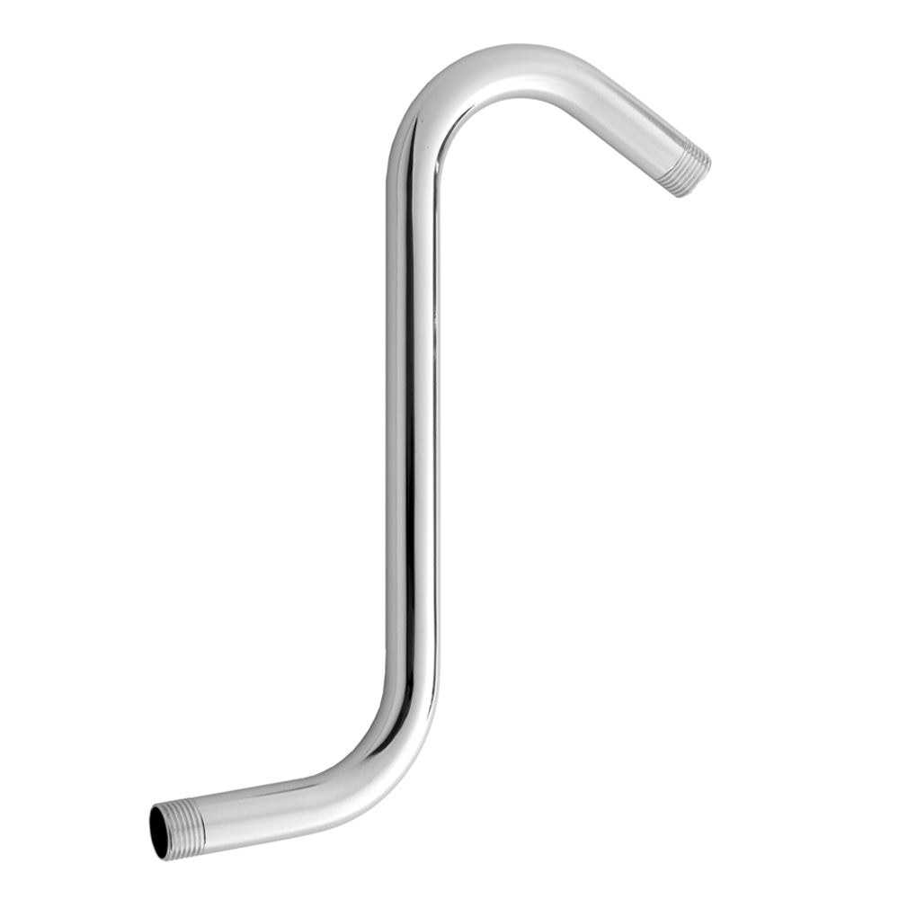 Polished chrome S-shaped showerarm with threaded connections at both ends.