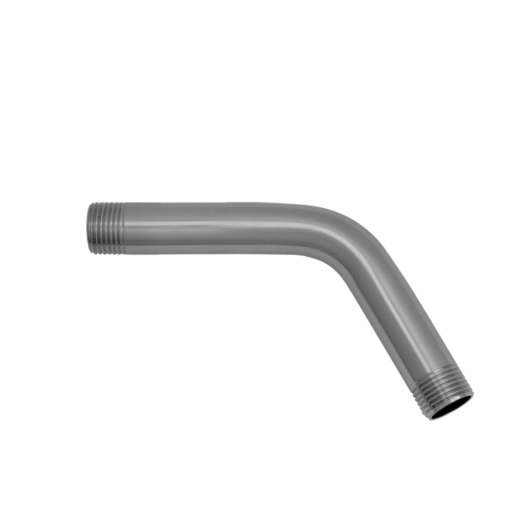 Polished chrome shower arm with angled bend, threaded connections at both ends.
