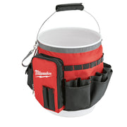 Red and black bucket organizer with multiple pockets, metal handle, and padded grip attachment.