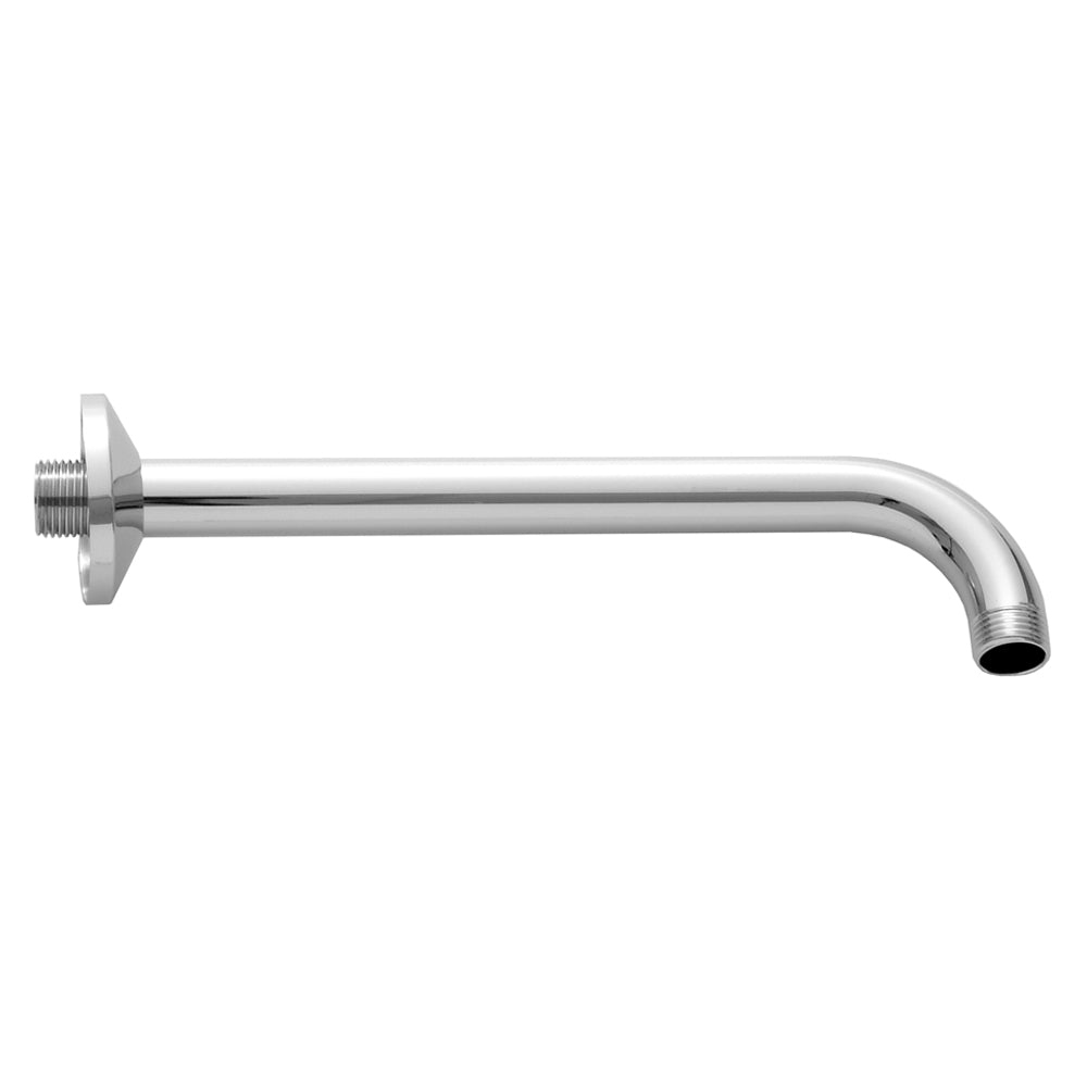 Matte black 16-inch shower arm with 90-degree angle bend and circular escutcheon flange.