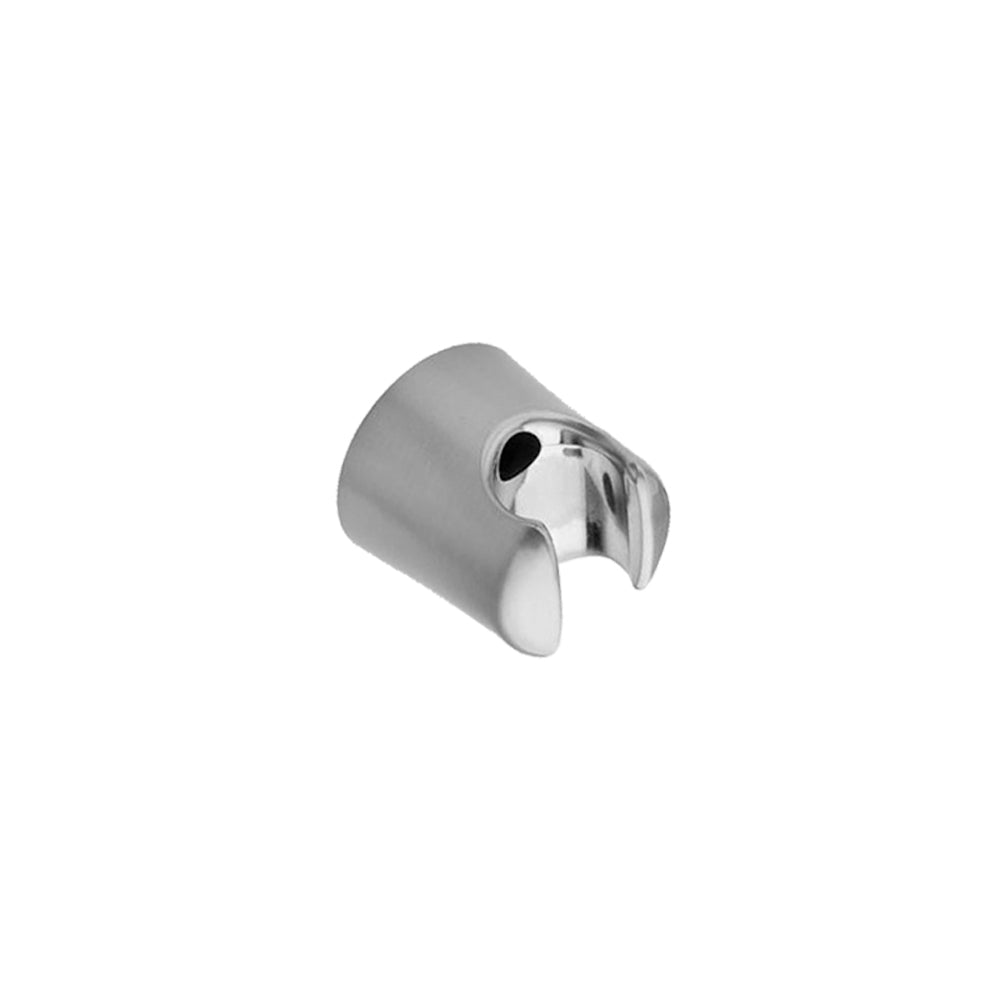 Polished chrome wall-mounted handshower bracket with cylindrical body and adjustable clip holder.