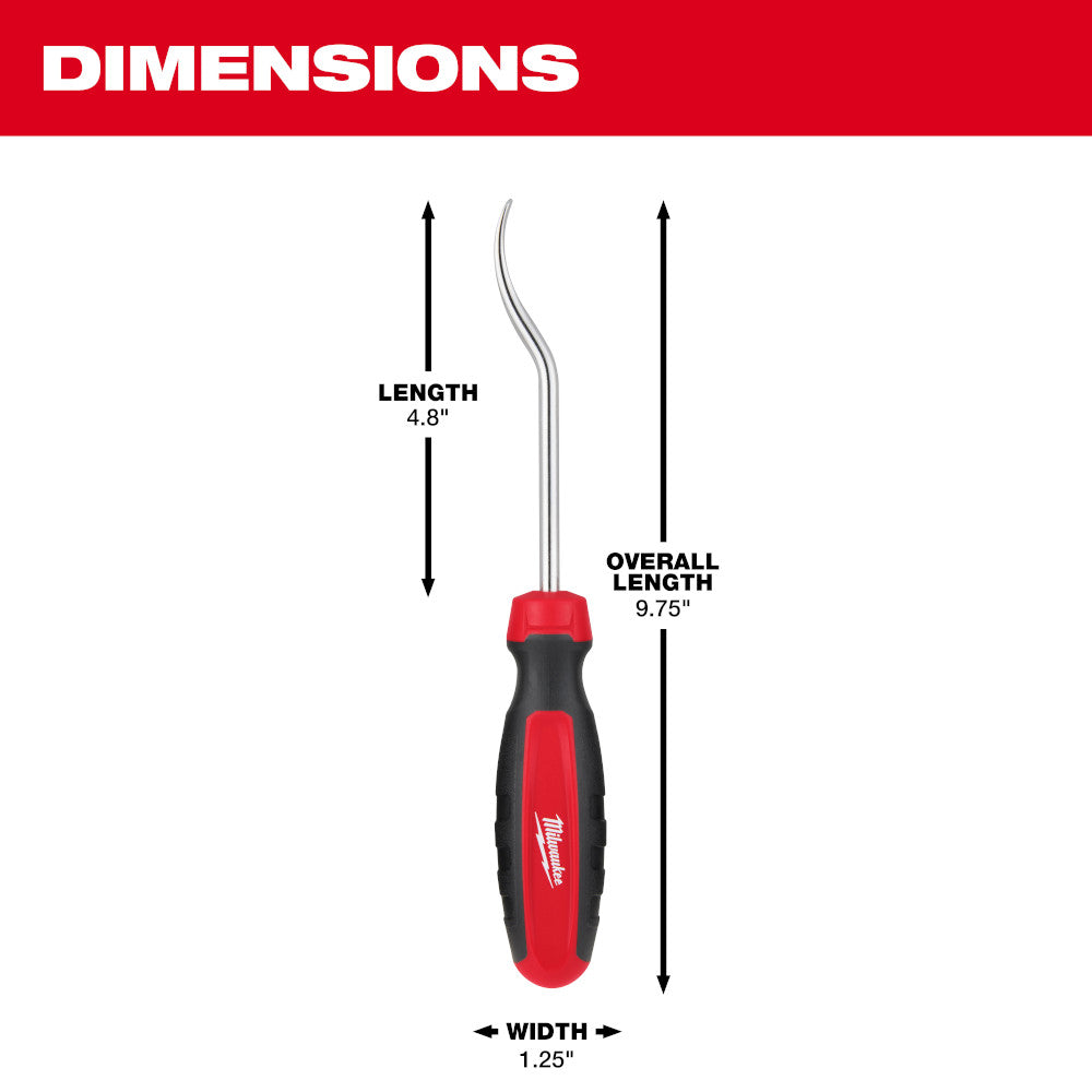 Milwaukee flat hose pick with red and black handle, 9.75 inches overall length.