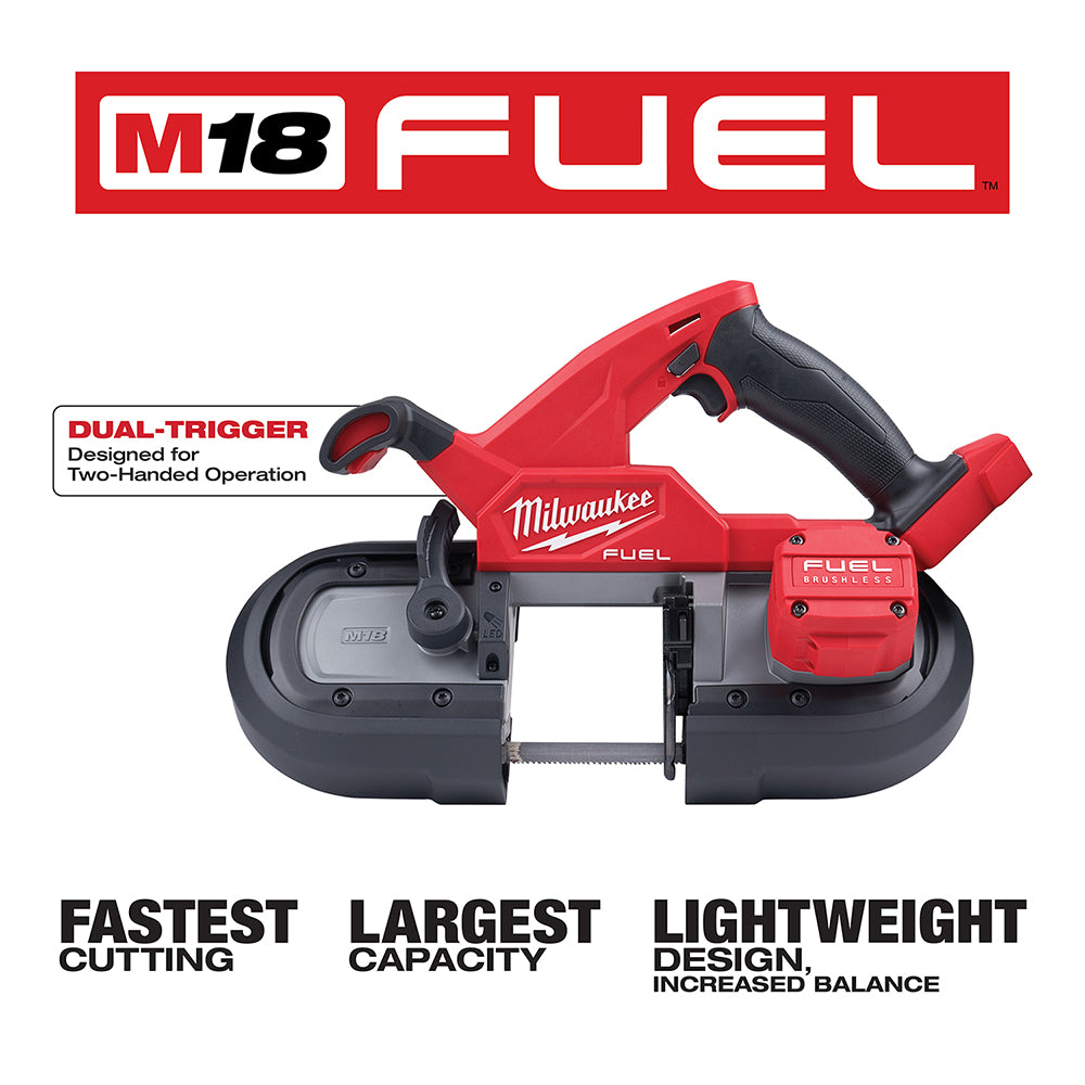 Milwaukee M18 FUEL compact band saw with red and black body, dual triggers, and open cutting area.