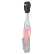 Milwaukee M12 FUEL cordless ratchet with pink and gray body, silver extended reach shaft, and black rubber boot head.