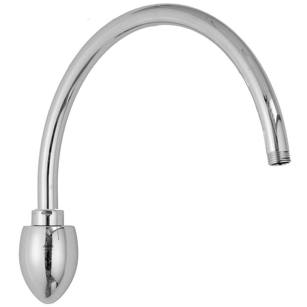 Polished chrome swivel shower arm with curved tube and threaded connection end.