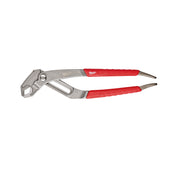 Milwaukee 12-inch hex-jaw pliers with gray metal body and red grip handles.