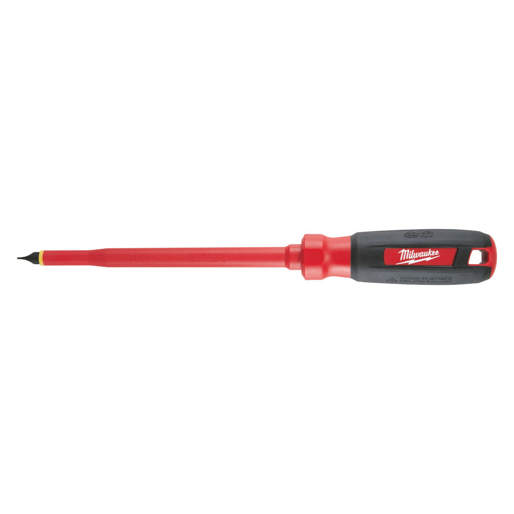 Milwaukee insulated screwdriver with red shaft, black handle, and slotted tip for electrical work.