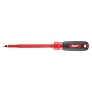 Milwaukee insulated screwdriver with red shaft, black handle, and slotted tip for electrical work.
