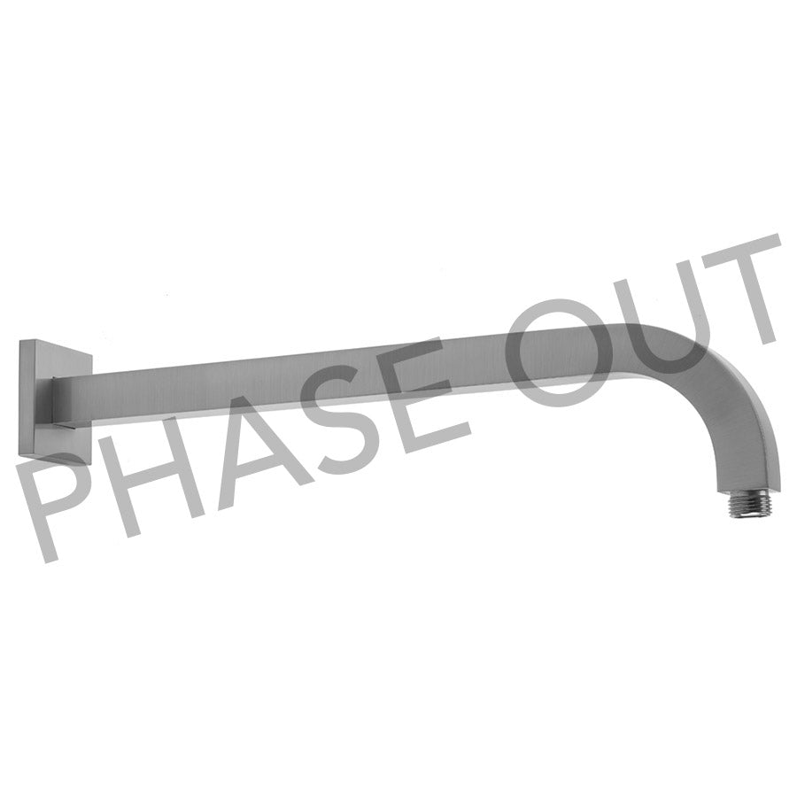 Polished chrome 90-degree shower arm with square rounded design, wall-mounted escutcheon, and threaded outlet connector.