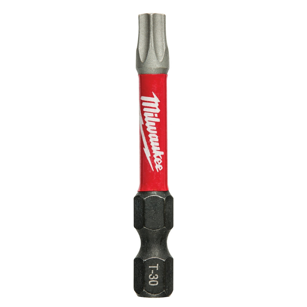Milwaukee Shockwave T30 Torx impact driver bit with red sleeve and black hex end.