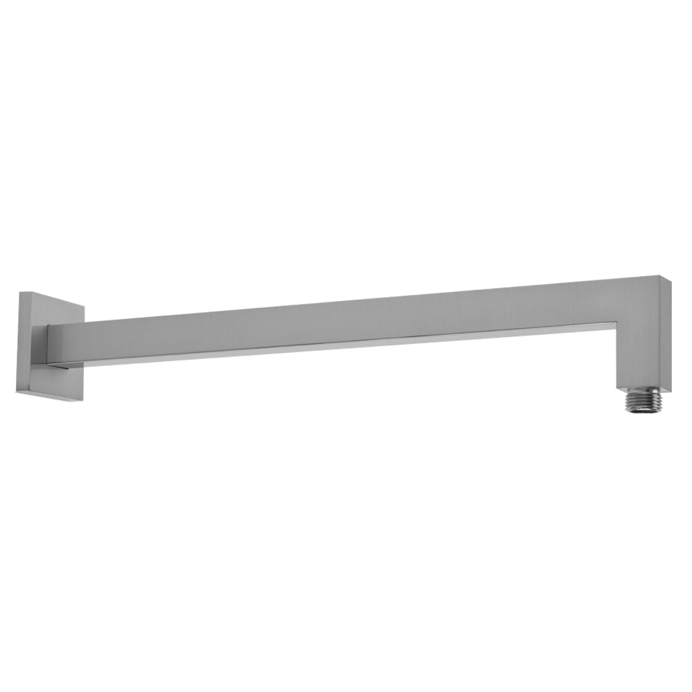 Matte black square shower arm with wall-mounted escutcheon and threaded outlet connection.