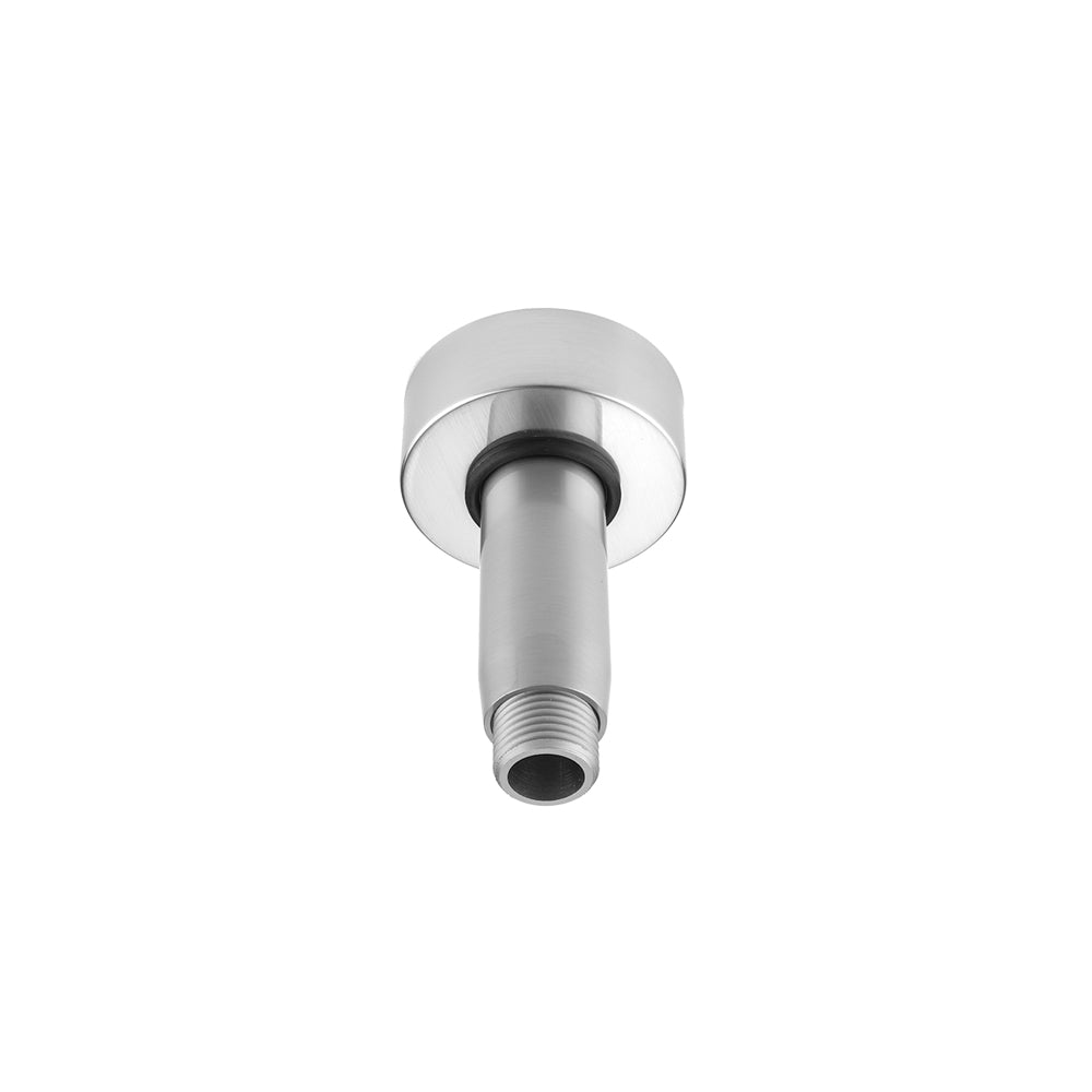 Satin nickel vertical showerarm with circular escutcheon and threaded connection port.