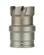 Metallic cylindrical carbide cutter with four fluted cutting edges and quick change connection base.