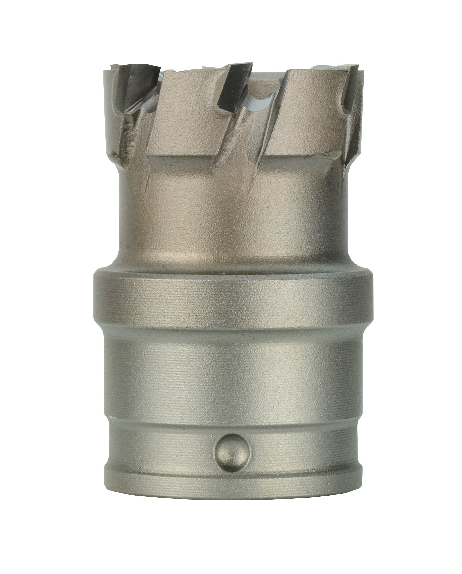 Metallic cylindrical cutter with multiple carbide cutting teeth on top and quick-change connection base.