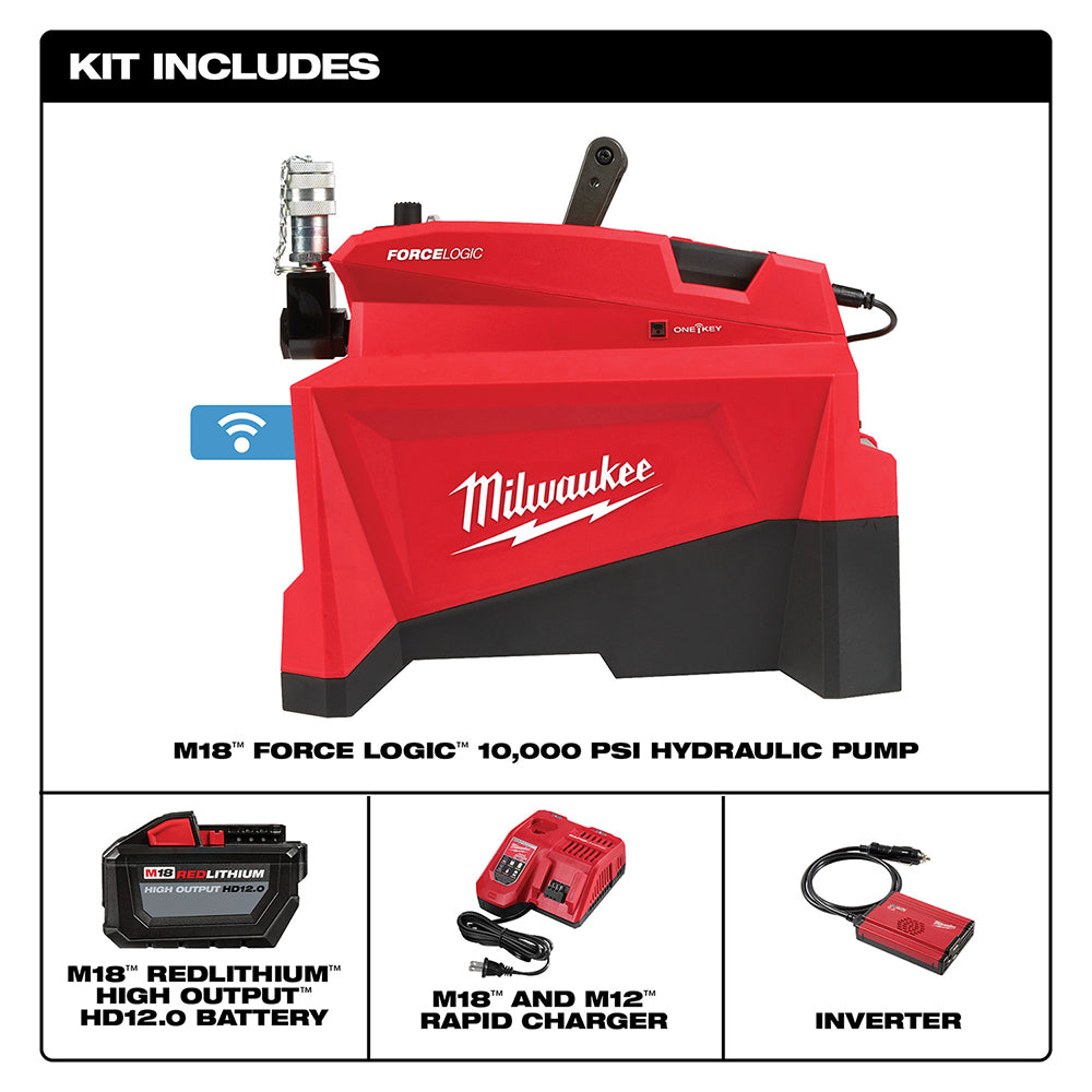 Red and black Milwaukee M18 FORCE LOGIC hydraulic pump with control handle, shown with battery, charger, and inverter accesso