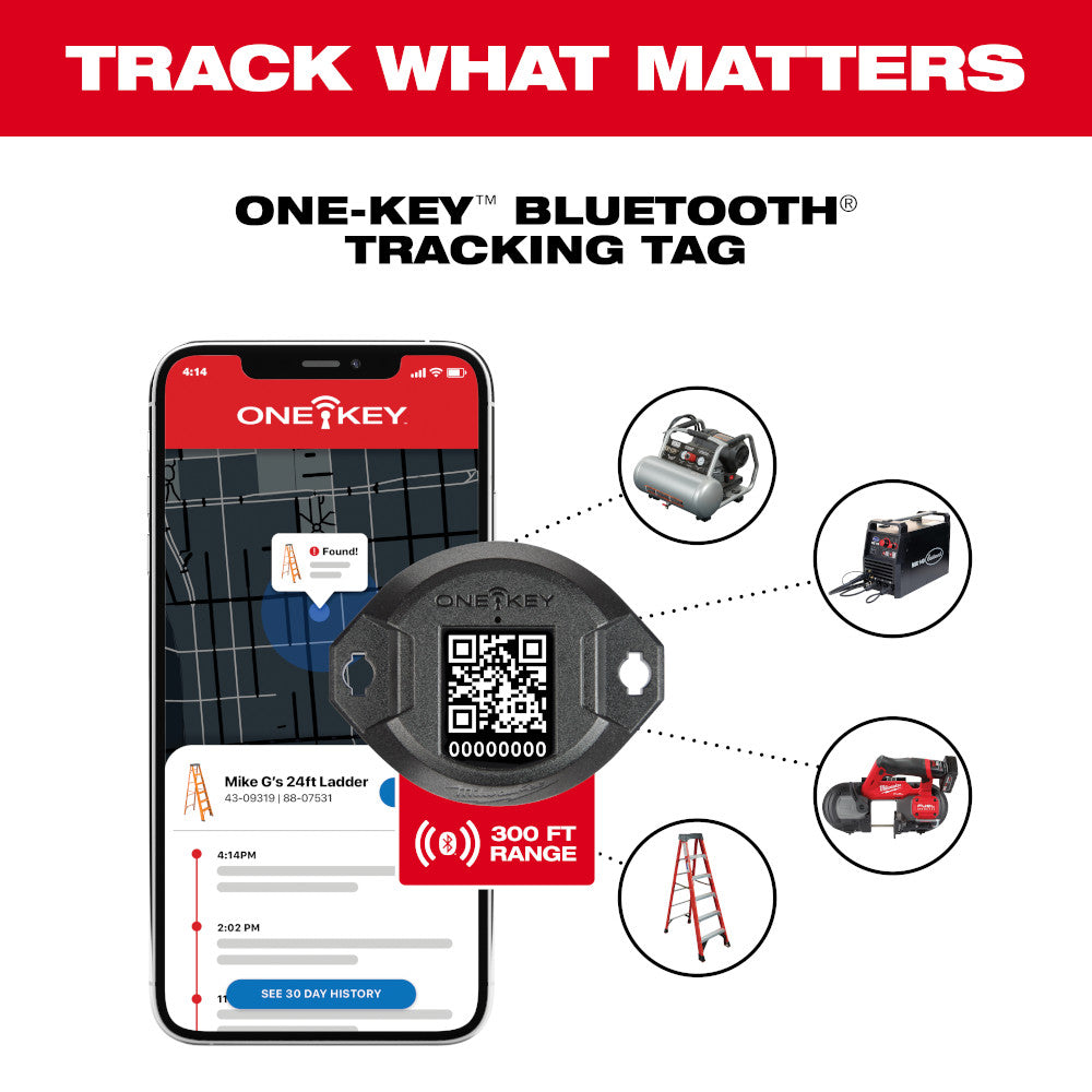 Black oval tracking tag with QR code and white LED light next to smartphone displaying ONE-KEY app interface and connected to